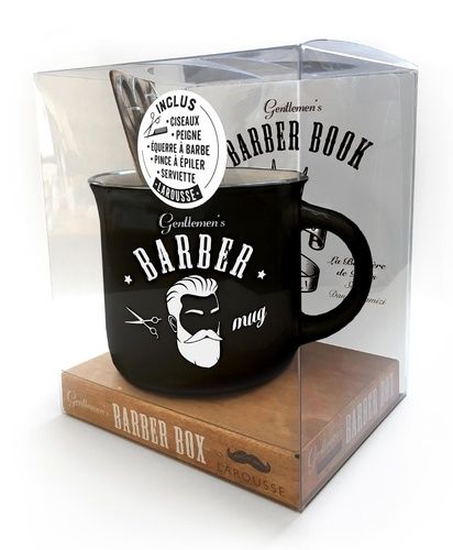 Coffret Gentlemen's barber box - Gentlemen's Barber Book avec un mug, des ciseaux, un peigne, une équerre à barbe, une pince à épiler et une serviette