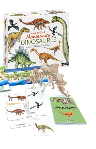 Mon coffret Montessori Dinosaures - Avec 1 squelette en bois à assembler, 1 grande frise, 60 cartes classifiées, 20 grandes fiches et 1 livret