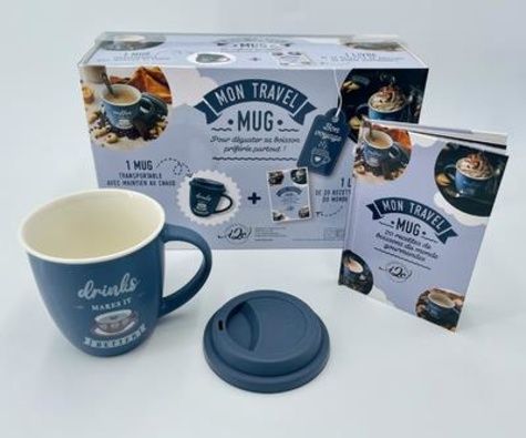 Coffret Mon travel mug bleu - Le livre de 20 recettes de boissons du monde gourmandes avec 1 mug transportable avec maintien au chaud