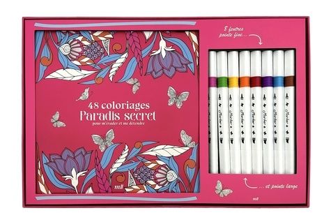 48 coloriages Paradis secret pour m'évader et me détendre - Coffret avec un carnet à colorier avec des feuilles détachables et 8 feutres pointe fine et pointe large