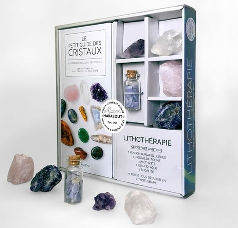 Le petit guide des cristaux - S'initier aux pouvoirs des pierres. Contient 1 flacon d'agates bleues, 1 cristal de roch, 1 améthyste, 1 quartz rose, 1 sodalite